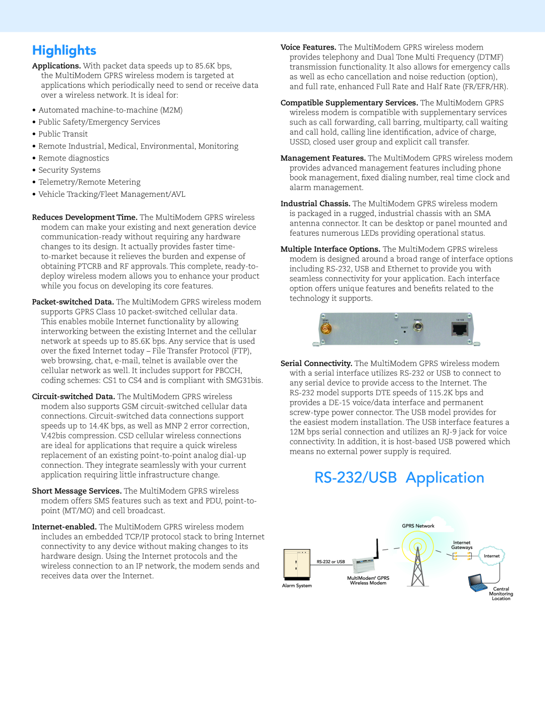 Multi-Tech Systems RS-232, DE-15 warranty Highlights 