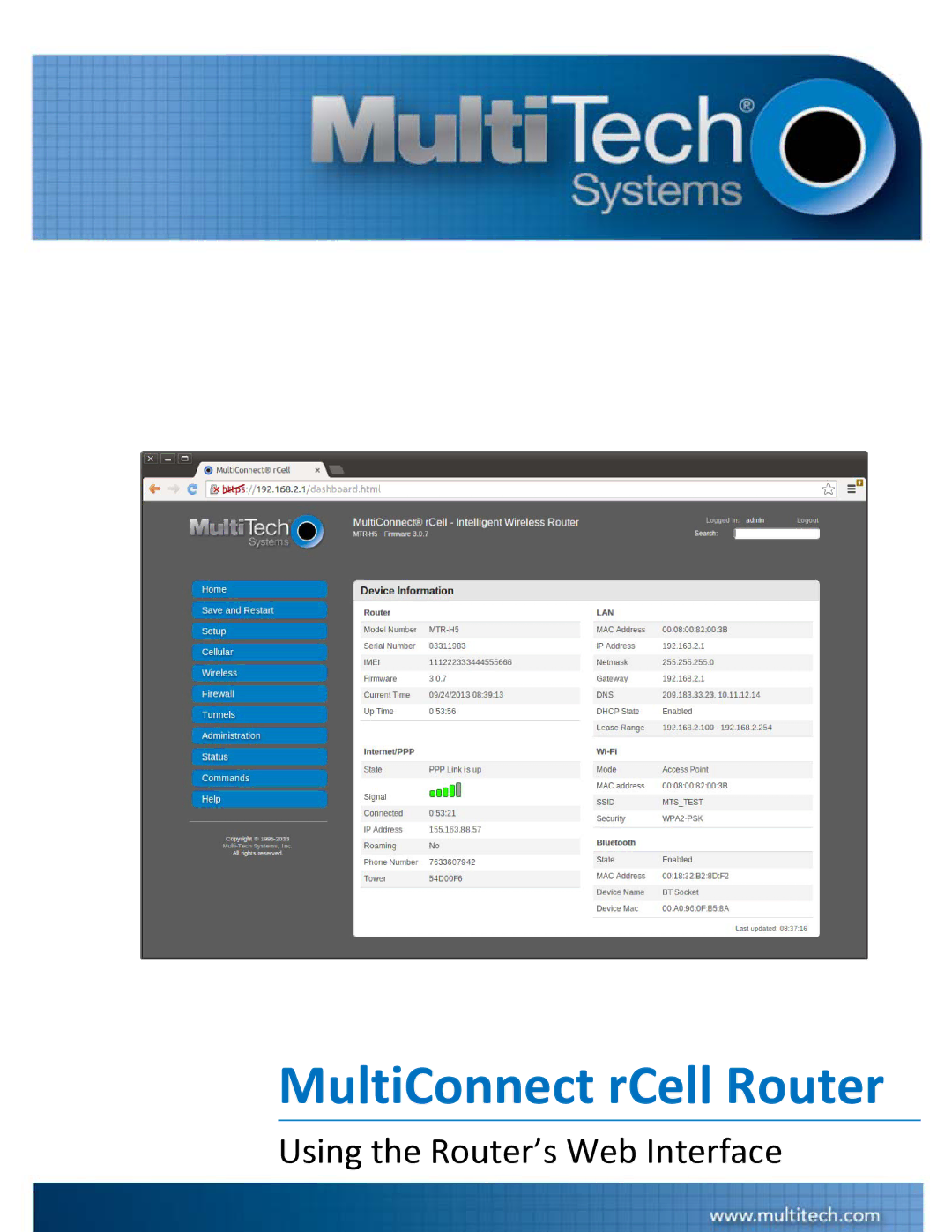 Multi-Tech Systems S000573A manual MultiConnect rCell Router 