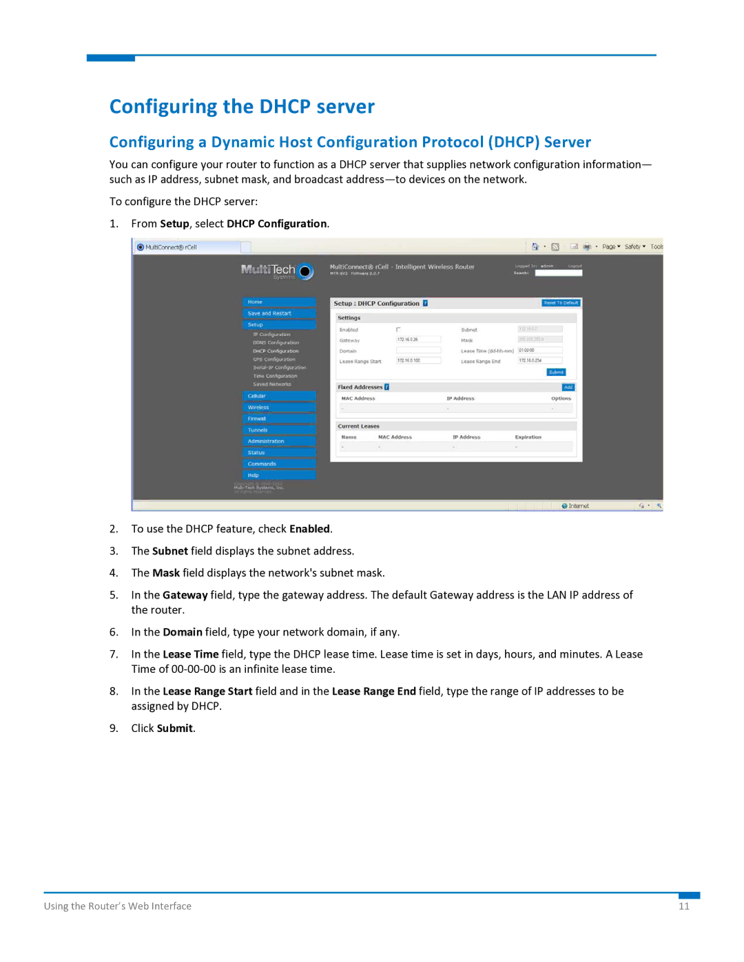 Multi-Tech Systems S000573A manual Configuring the Dhcp server, From Setup, select Dhcp Configuration 