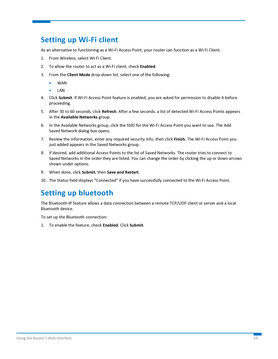 Multi-Tech Systems S000573A manual Setting up Wi‐Fi client, Setting up bluetooth 