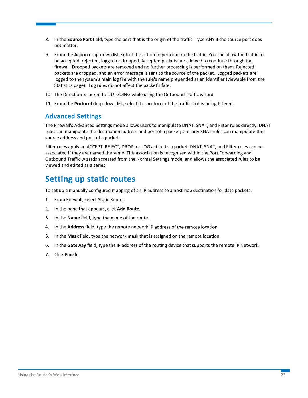 Multi-Tech Systems S000573A manual Setting up static routes, Advanced Settings 