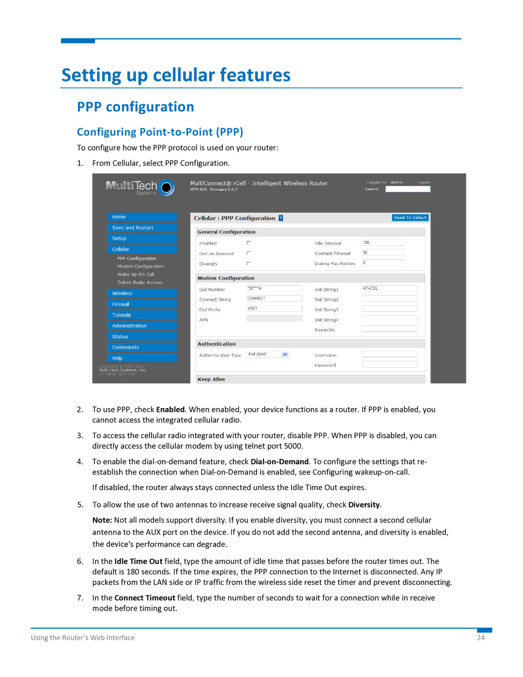 Multi-Tech Systems S000573A manual Setting up cellular features, PPP configuration, Configuring Point‐to‐Point PPP 