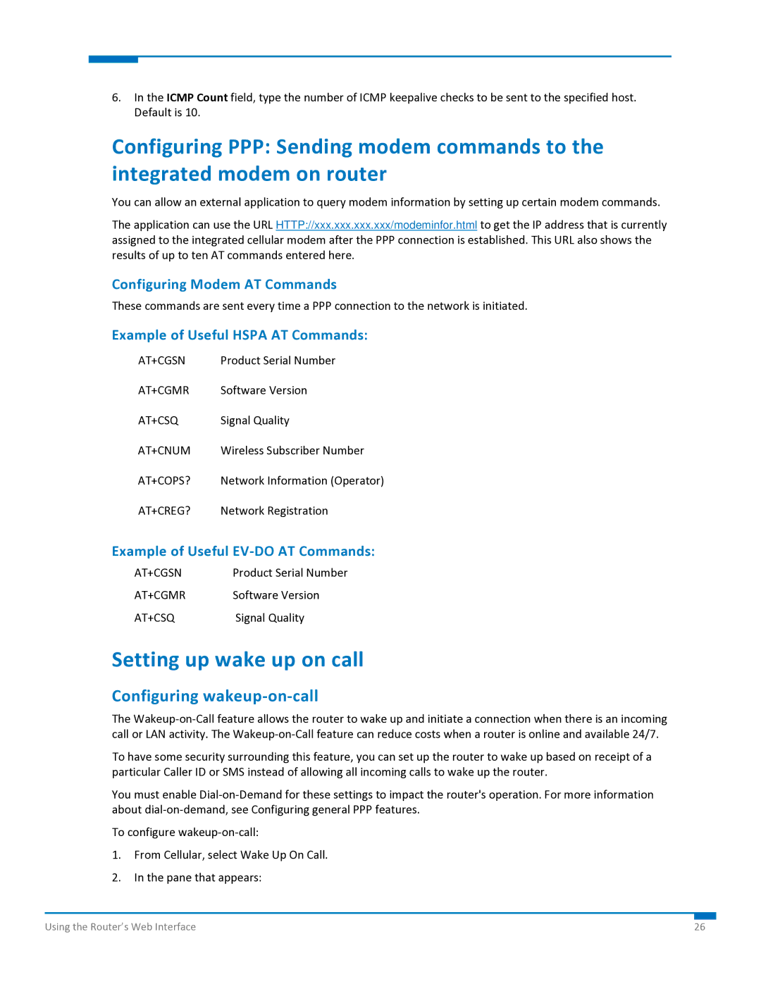 Multi-Tech Systems S000573A manual Setting up wake up on call, Configuring wakeup‐on‐call, Configuring Modem AT Commands 