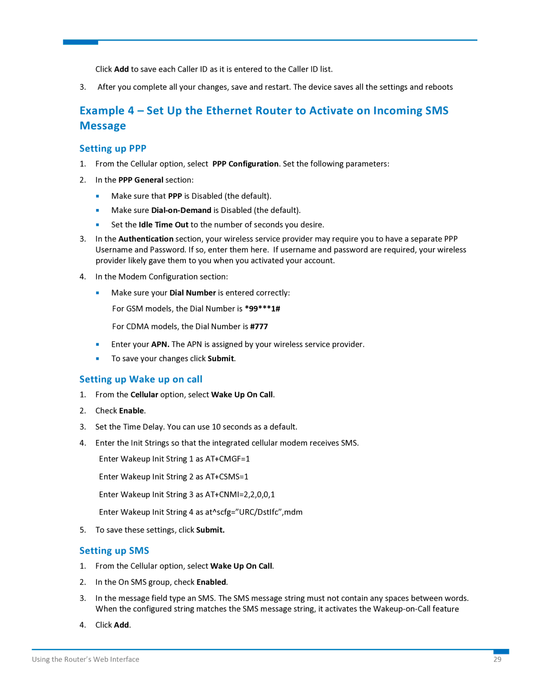 Multi-Tech Systems S000573A manual Setting up PPP, Setting up Wake up on call, Setting up SMS 