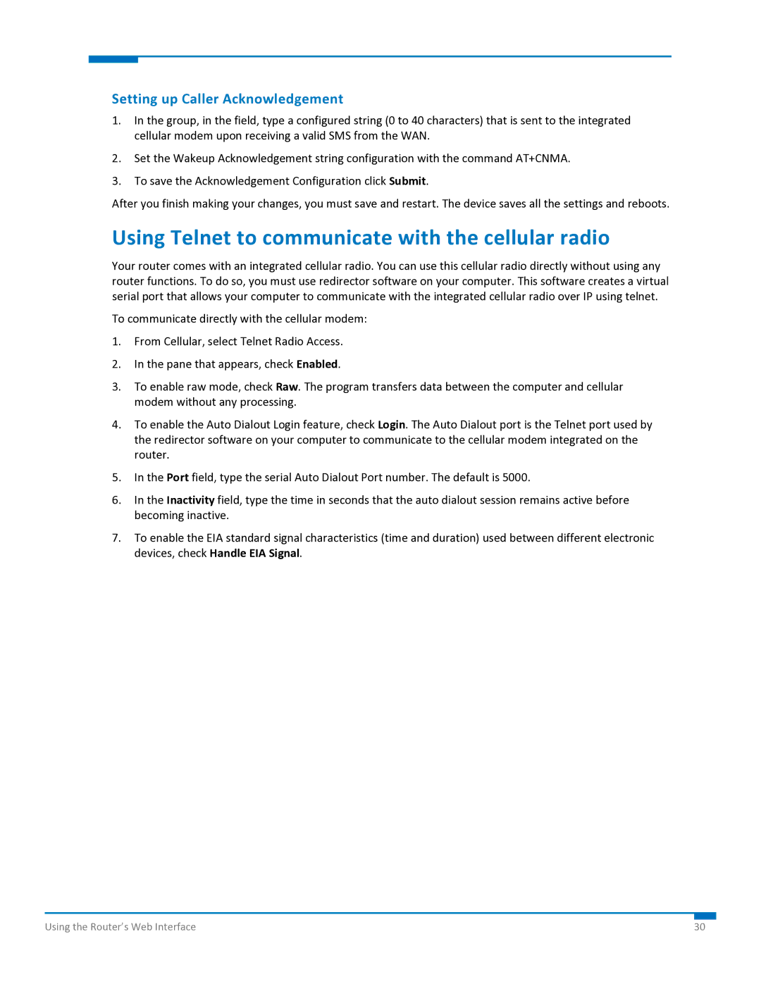 Multi-Tech Systems S000573A manual Using Telnet to communicate with the cellular radio, Setting up Caller Acknowledgement 