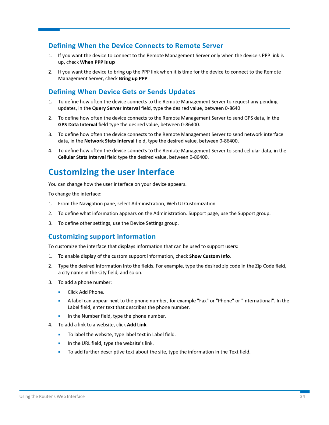 Multi-Tech Systems S000573A manual Customizing the user interface, Defining When the Device Connects to Remote Server 