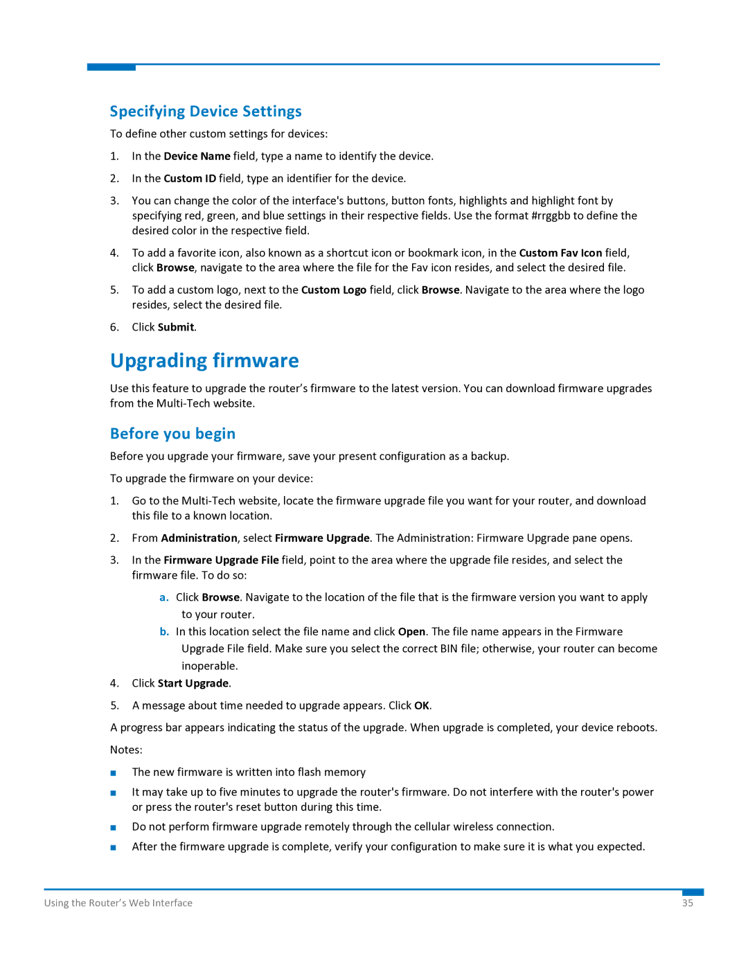 Multi-Tech Systems S000573A manual Upgrading firmware, Specifying Device Settings, Before you begin, Click Start Upgrade 