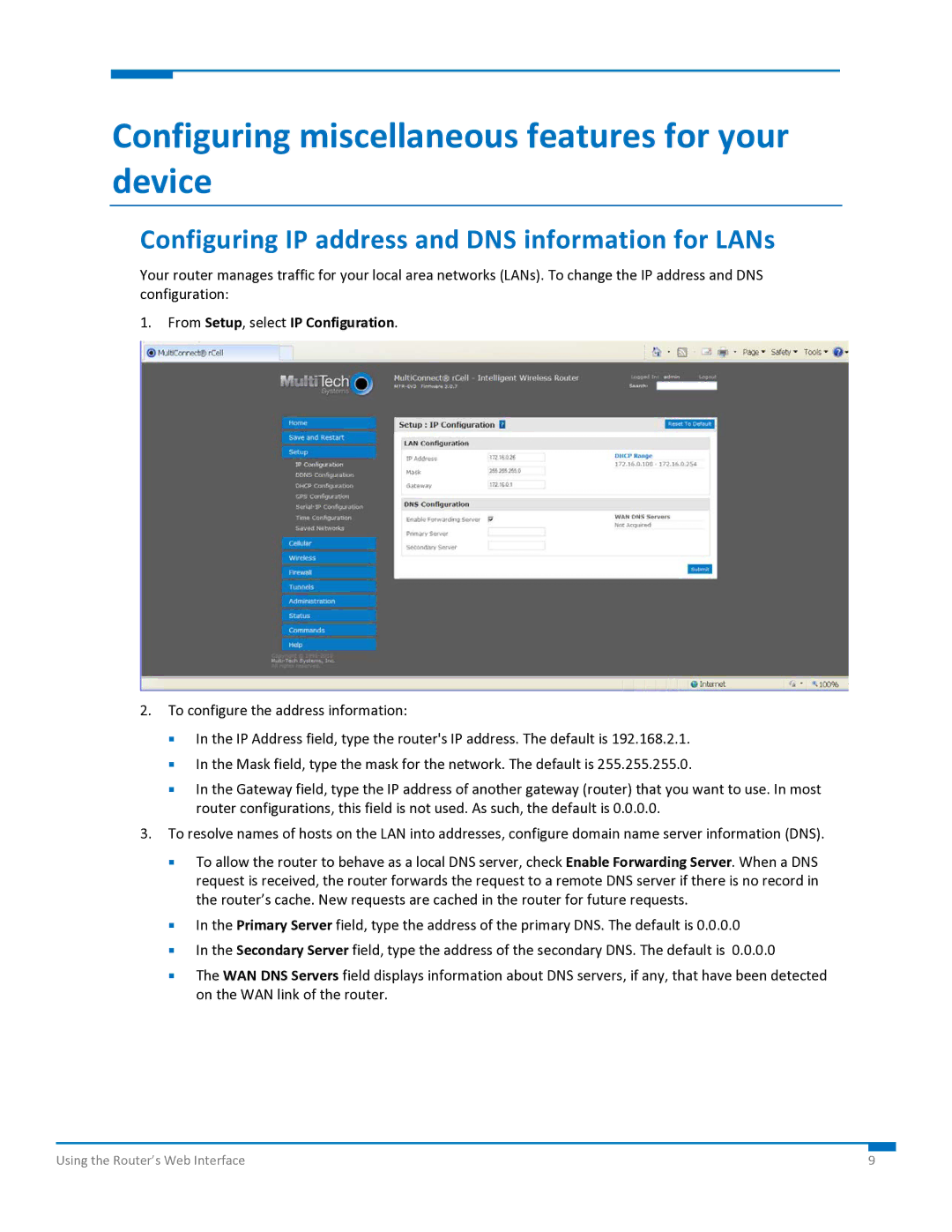 Multi-Tech Systems S000573A manual Configuring miscellaneous features for your device, From Setup, select IP Configuration 