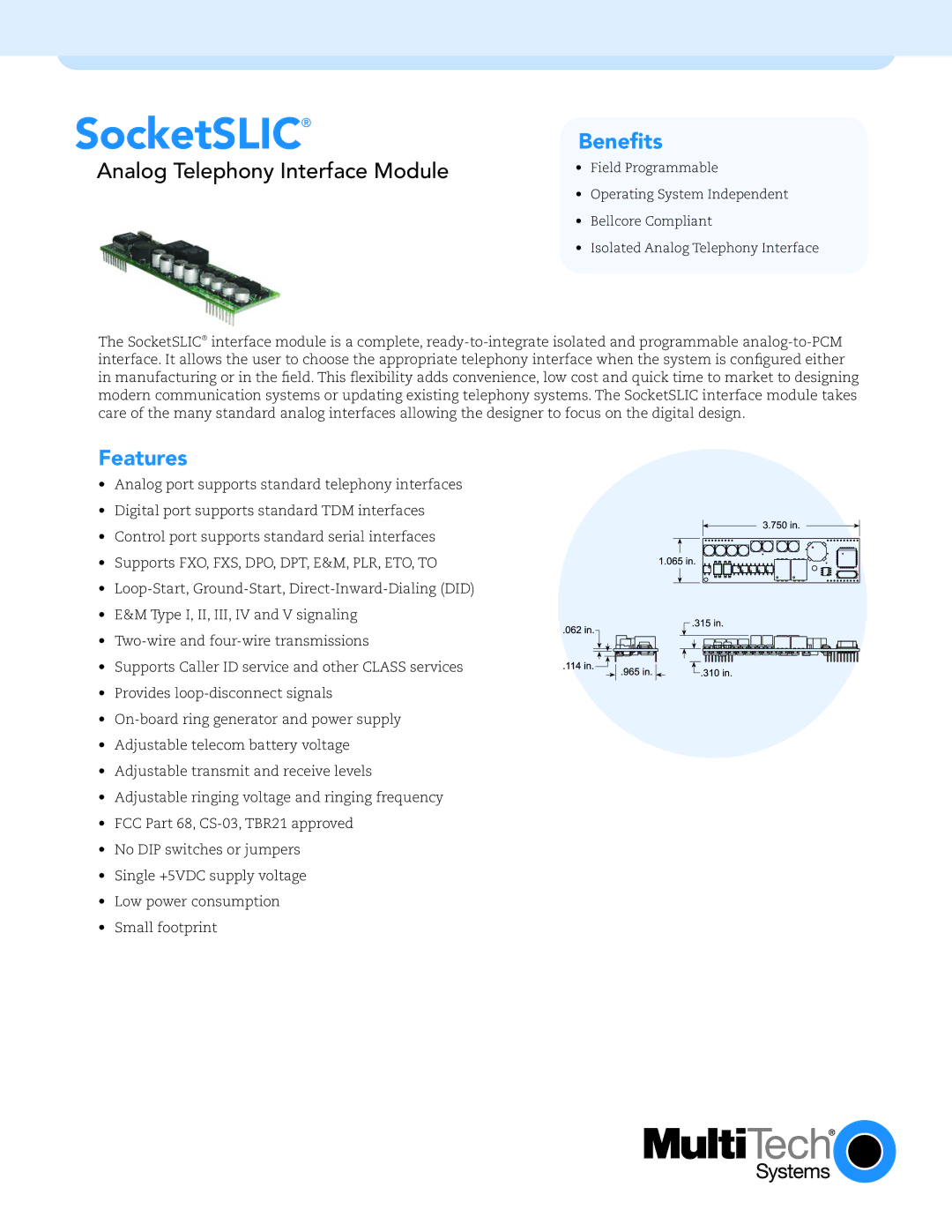 Multi-Tech Systems TBR21 manual Beneﬁts, Features 