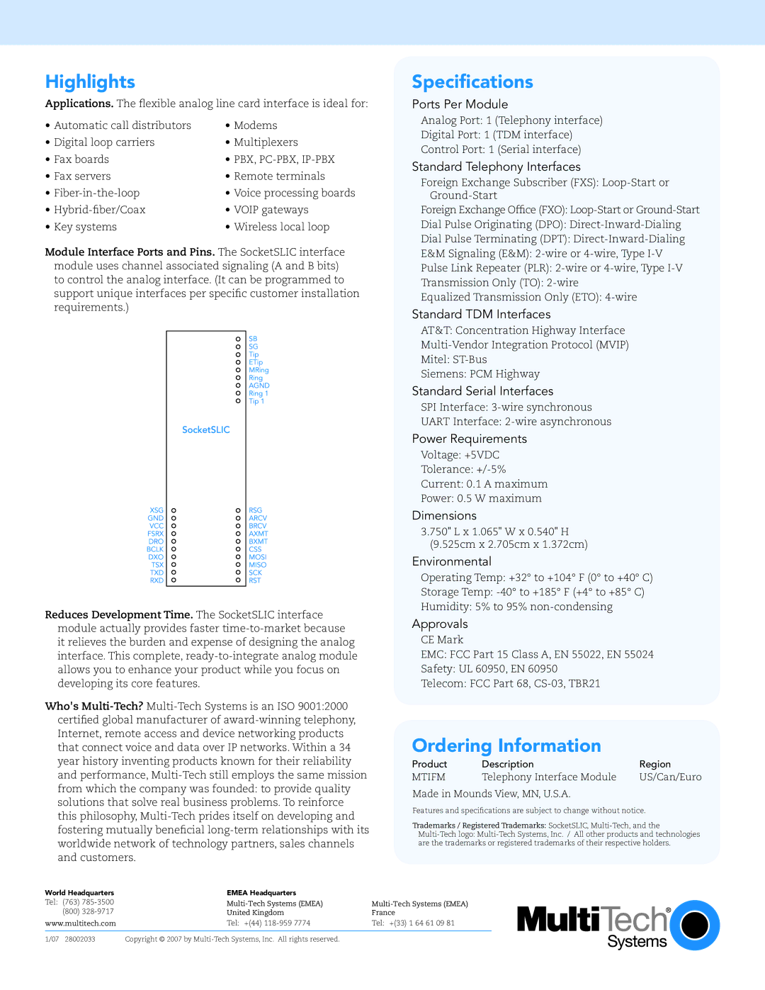 Multi-Tech Systems TBR21 manual Highlights, Speciﬁcations, Ordering Information 