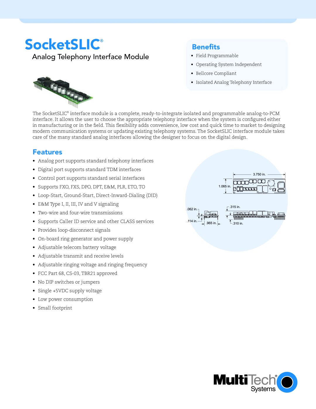 Multi-Tech Systems TBR21 manual SocketSLIC, Beneﬁts, Analog Telephony Interface Module, Features 