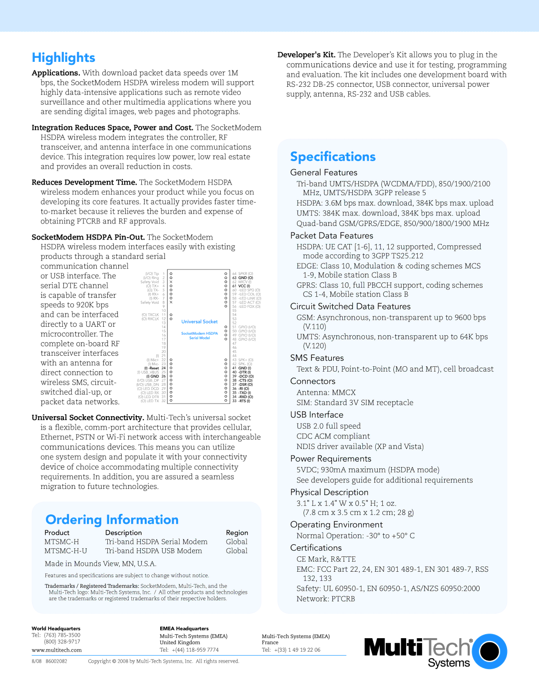 Multi-Tech Systems EN60950-1, UL60950-1, HSDPA, EN301489-7, EN301489-1 Highlights, Specifications, Ordering Information 