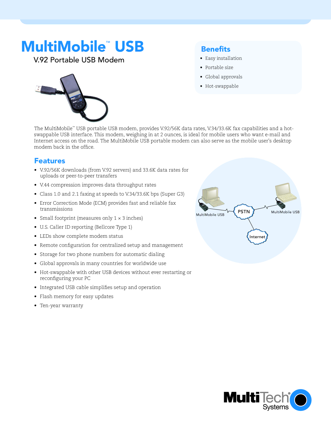 Multi-Tech Systems V.92/56K, V.34/33.6K warranty Benefits, Features 