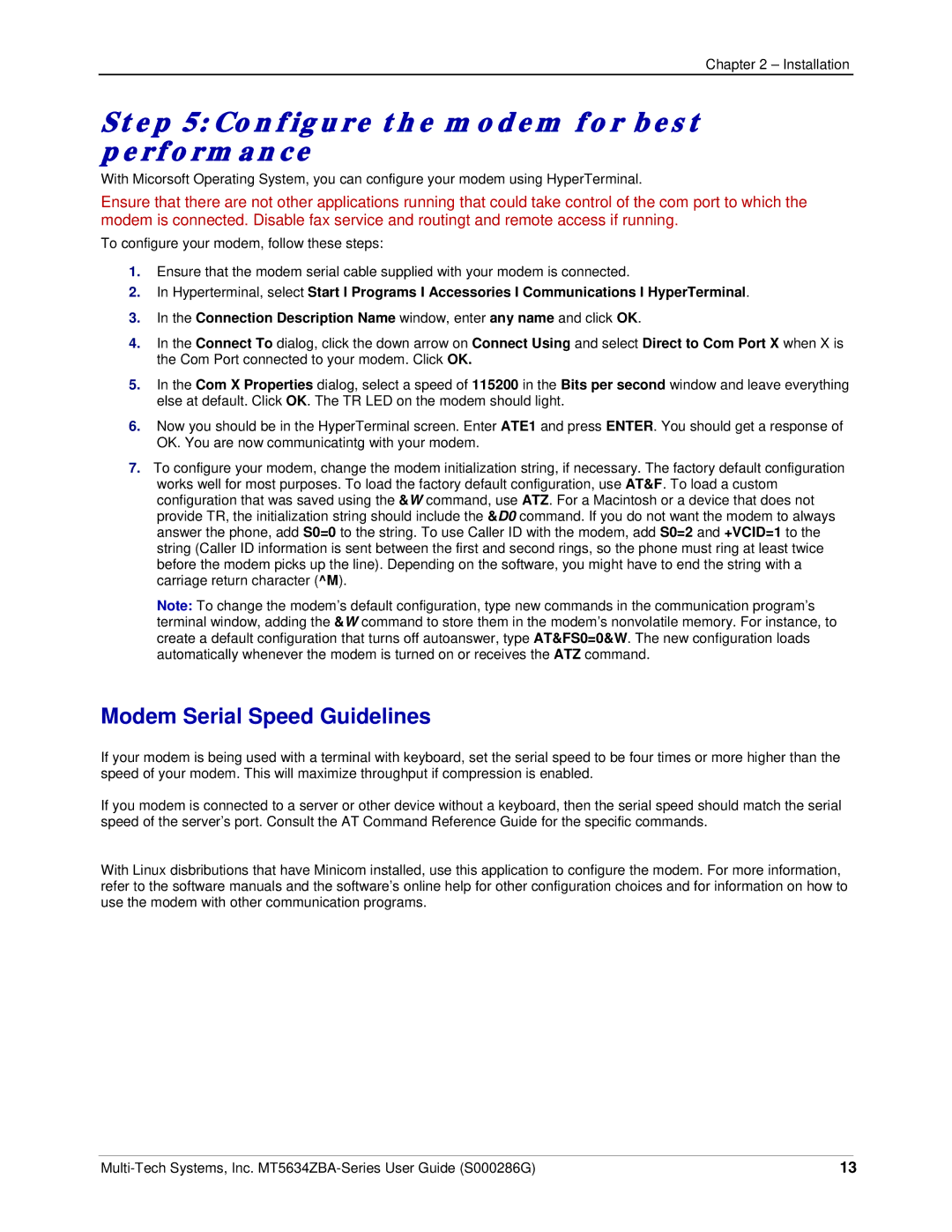 Multi-Tech Systems MT5634ZBA-V-V92 manual Configure the modem for best performance, Modem Serial Speed Guidelines 