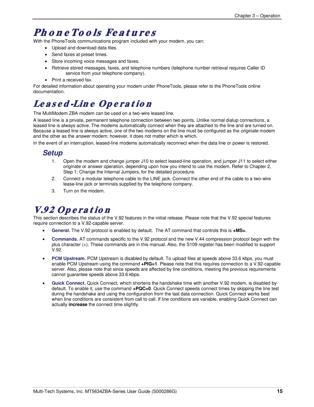 Multi-Tech Systems MT5634ZBA-V-V92 manual Leased-Line Operation, Setup 