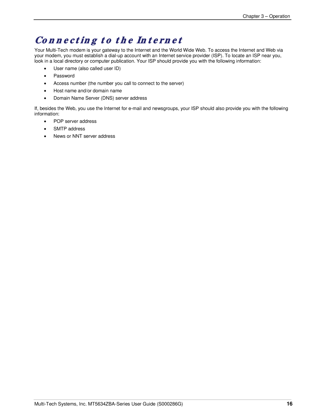 Multi-Tech Systems MT5634ZBA-V-V92 manual Connecting to the Internet 