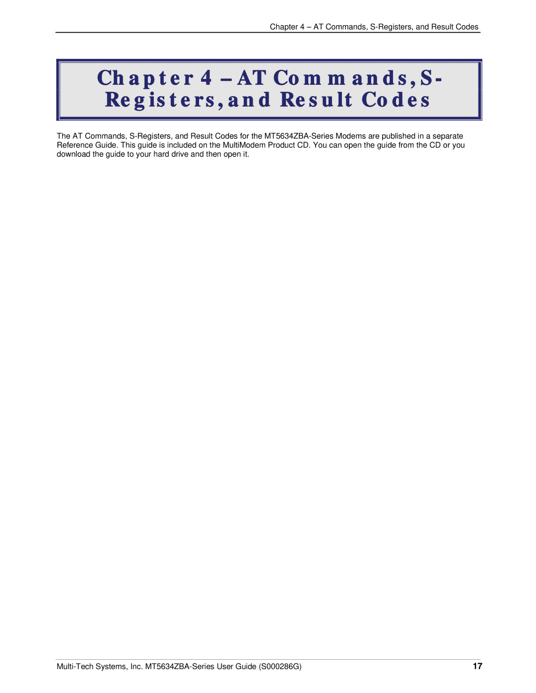 Multi-Tech Systems MT5634ZBA-V-V92 manual AT Commands, S- Registers, and Result Codes 