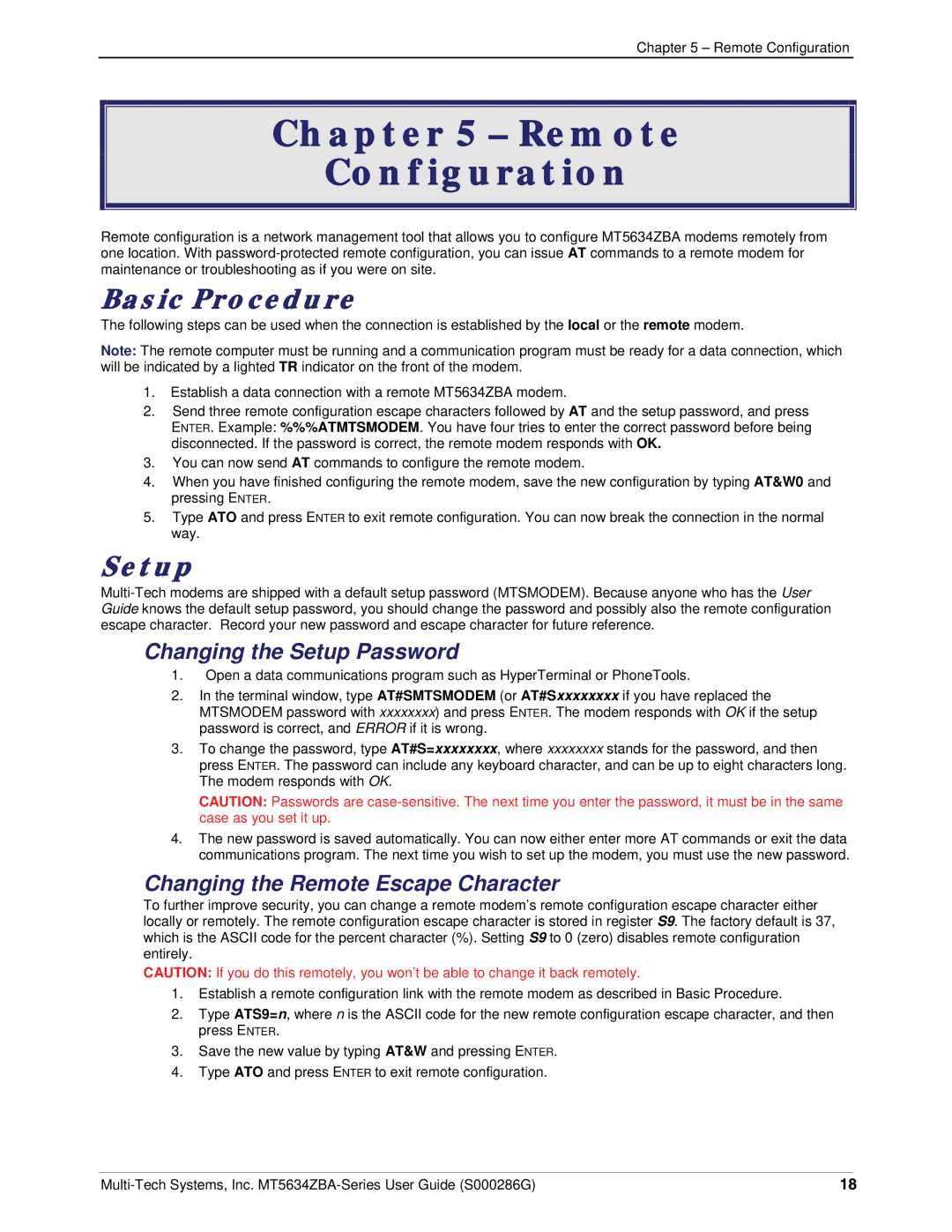 Multi-Tech Systems MT5634ZBA-V-V92 manual Remote Configuration, Basic Procedure, Changing the Setup Password 