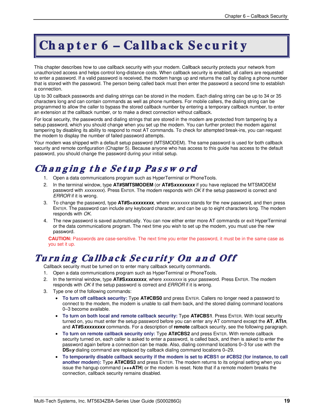 Multi-Tech Systems MT5634ZBA-V-V92 manual Changing the Setup Password, Turning Callback Security On and Off 