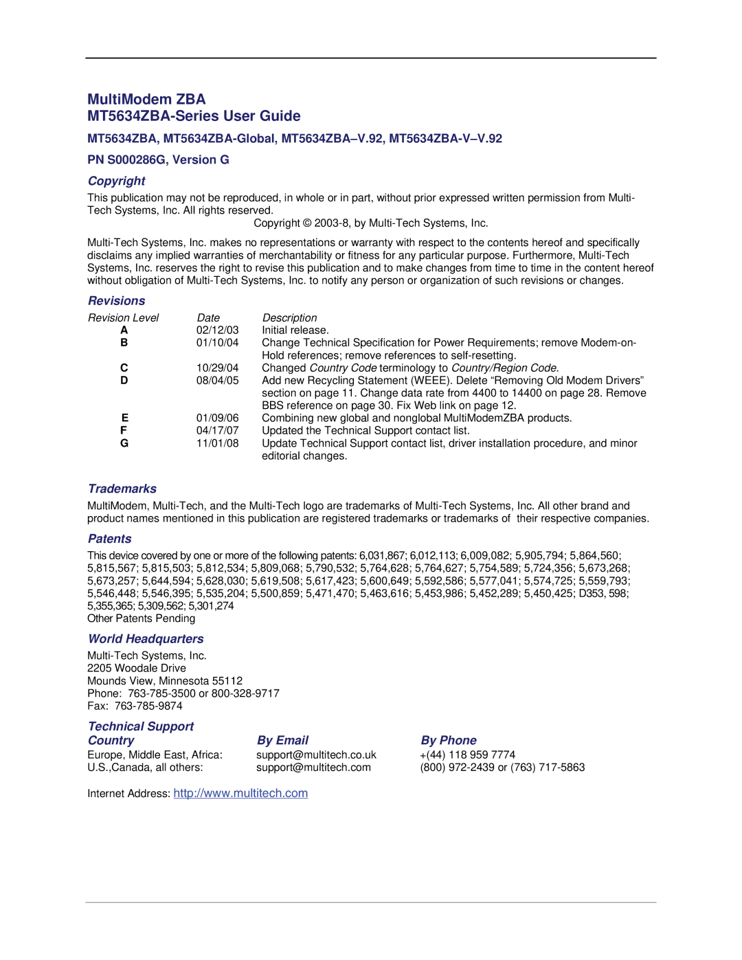 Multi-Tech Systems MT5634ZBA-V-V92 manual MultiModem ZBA MT5634ZBA-Series User Guide 