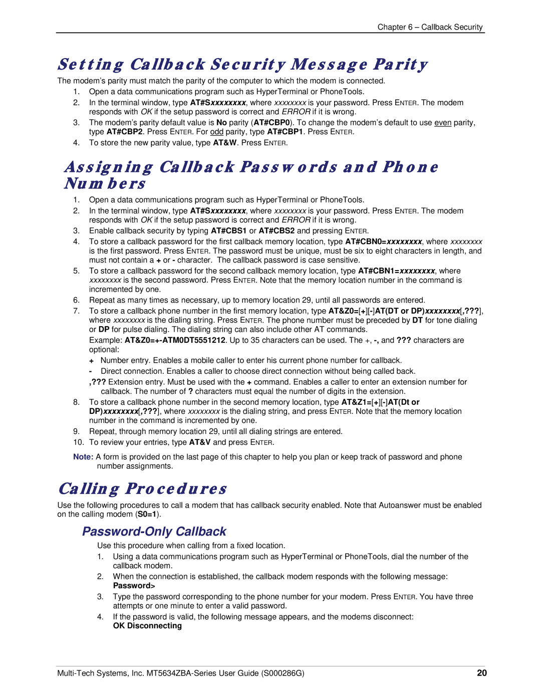 Multi-Tech Systems ZBA manual Setting Callback Security Message Parity, Assigning Callback Passwords and Phone Numbers 