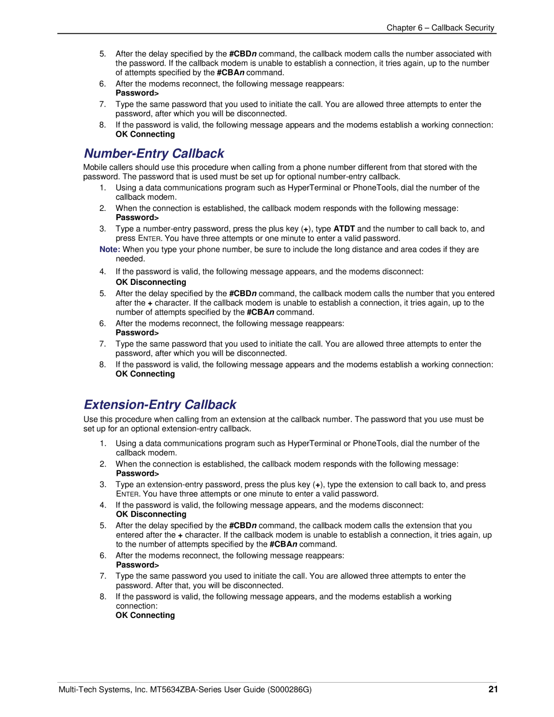 Multi-Tech Systems MT5634ZBA-V-V92 manual Number-Entry Callback, Extension-Entry Callback 