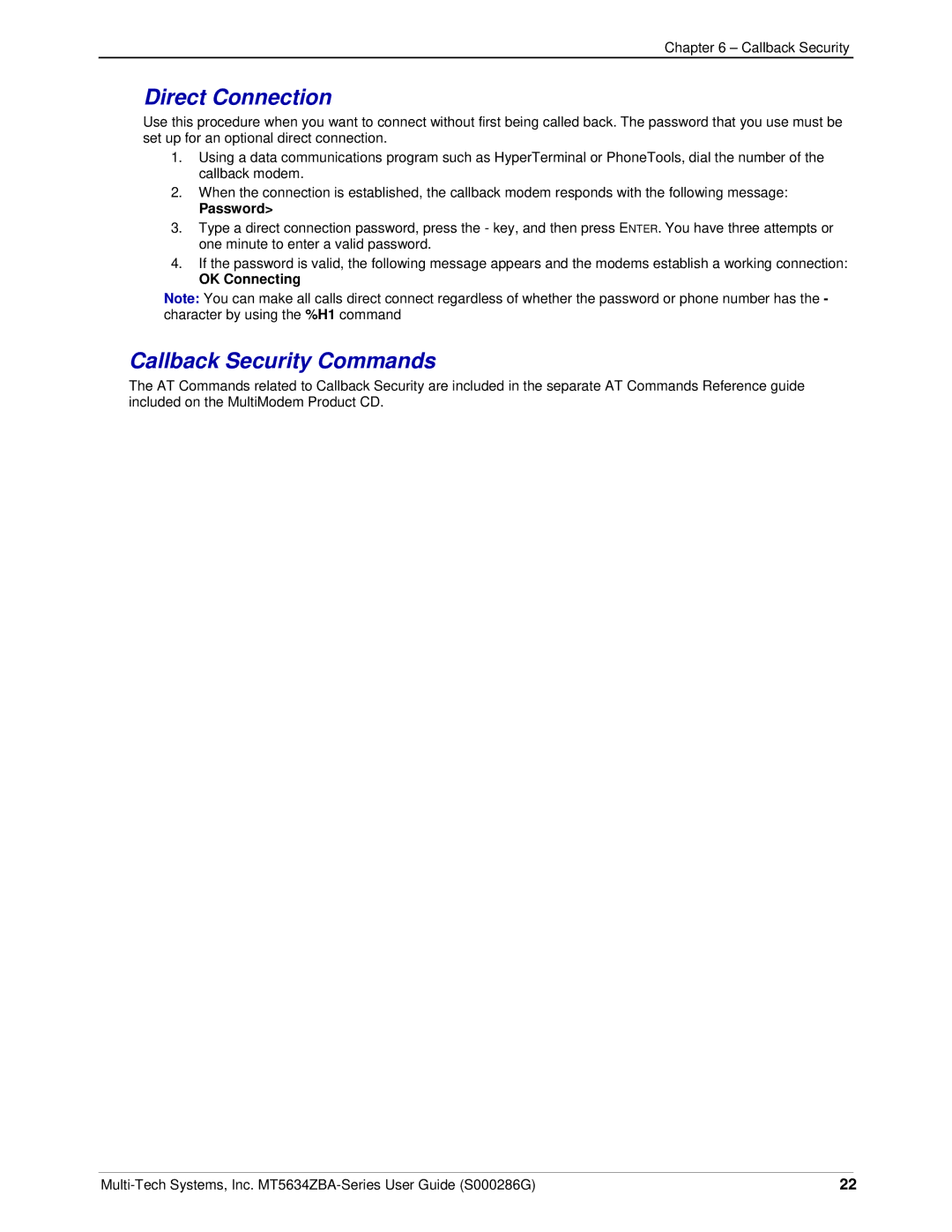 Multi-Tech Systems MT5634ZBA-V-V92 manual Direct Connection, Callback Security Commands 