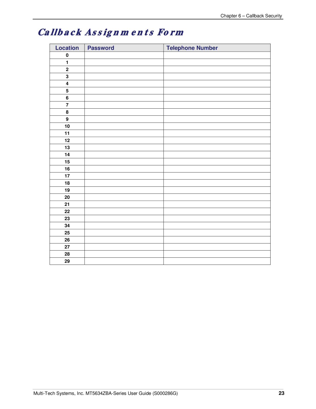 Multi-Tech Systems MT5634ZBA-V-V92 manual Callback Assignments Form 