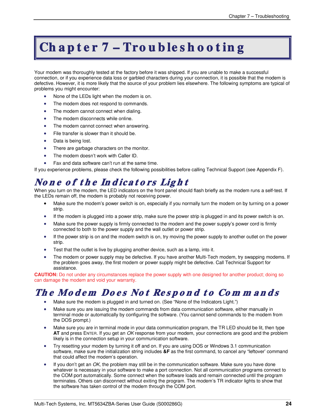 Multi-Tech Systems MT5634ZBA-V-V92 Troubleshooting, None of the Indicators Light, Modem Does Not Respond to Commands 