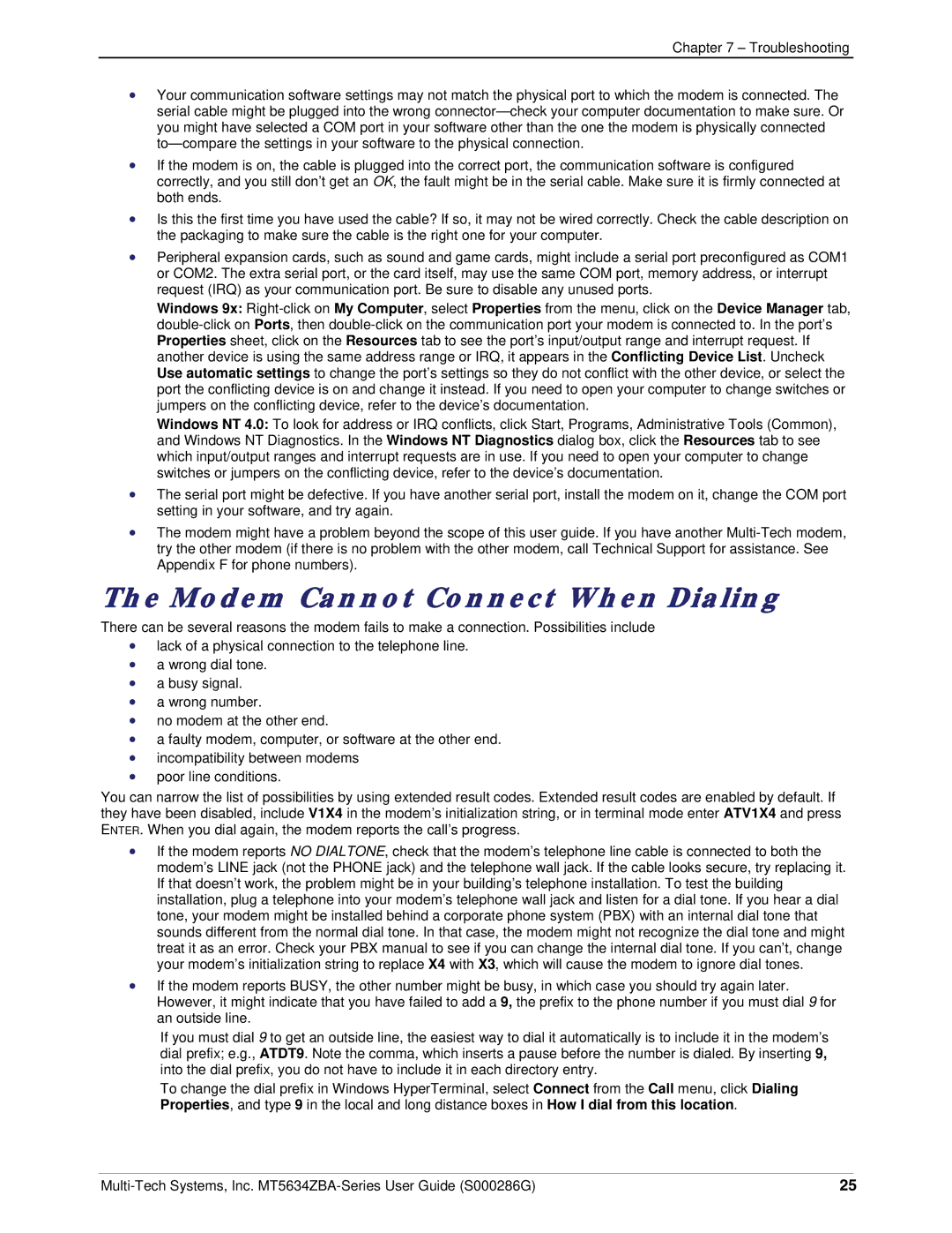 Multi-Tech Systems MT5634ZBA-V-V92 manual Lack of a physical connection to the telephone line 