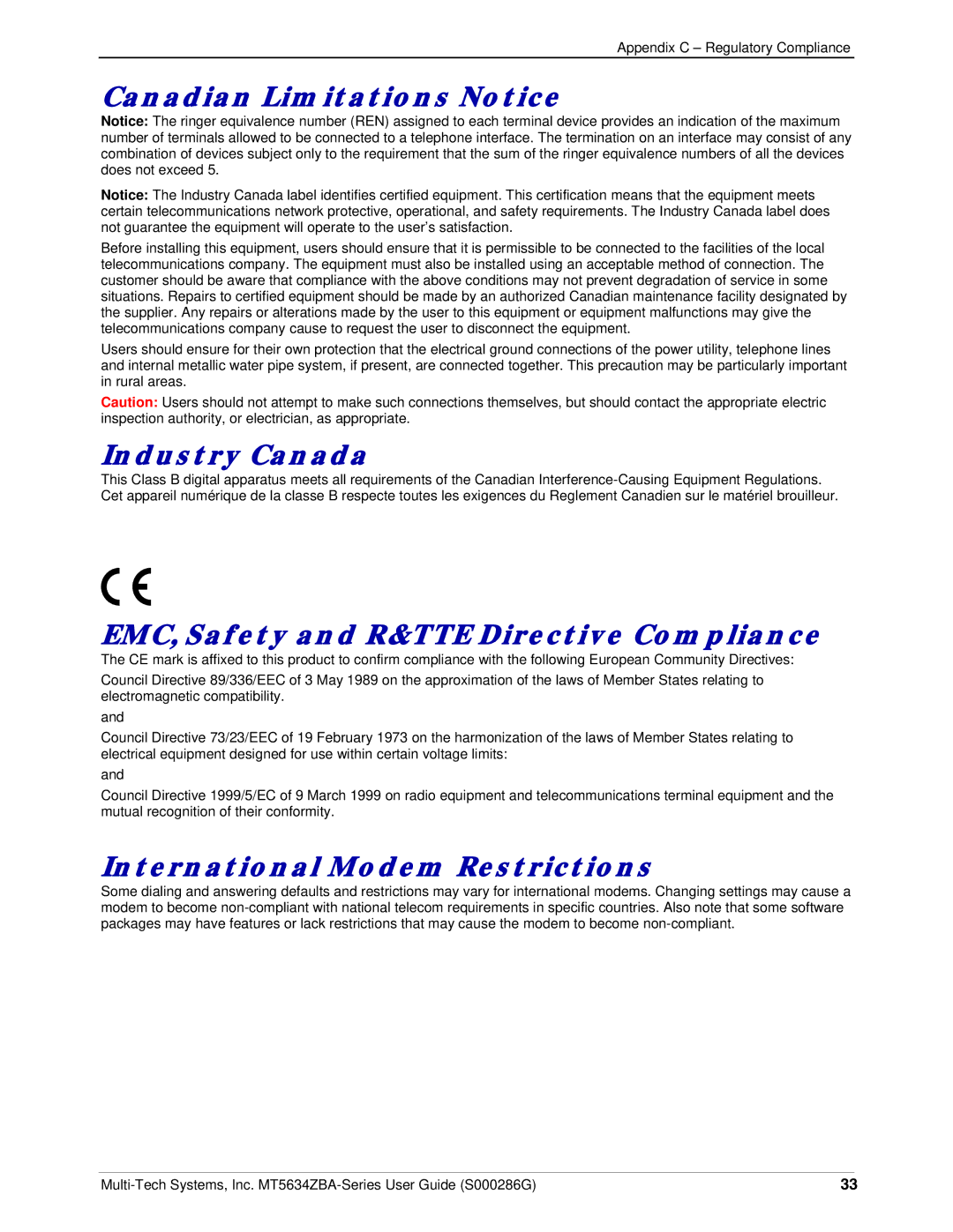 Multi-Tech Systems MT5634ZBA-V-V92 manual Canadian Limitations Notice, Industry Canada, International Modem Restrictions 