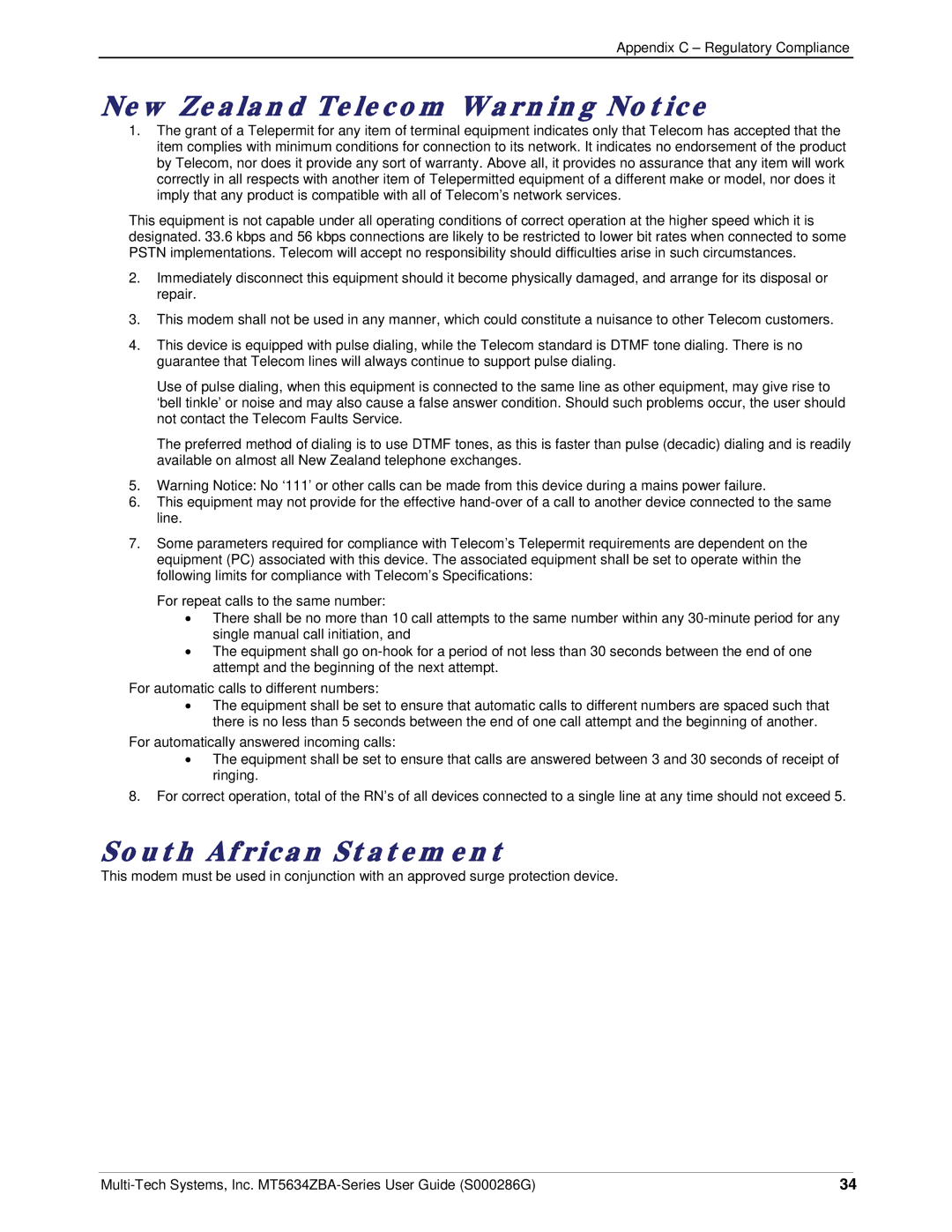 Multi-Tech Systems MT5634ZBA-V-V92 manual New Zealand Telecom Warning Notice, South African Statement 