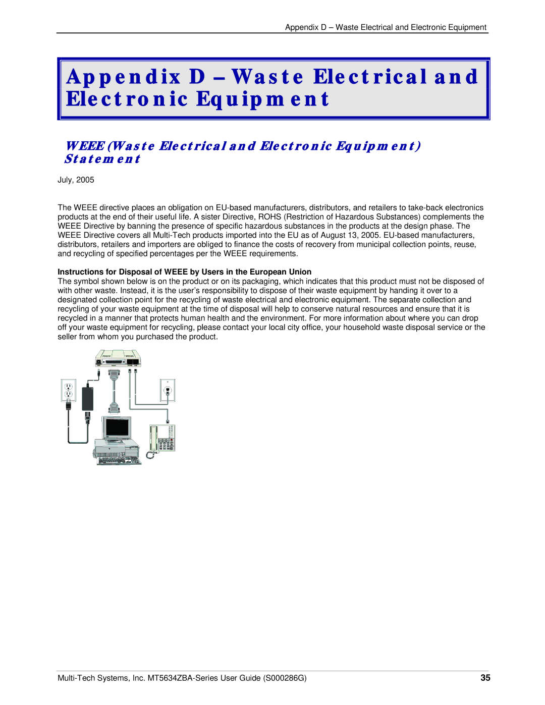 Multi-Tech Systems MT5634ZBA-V-V92 manual Appendix D Waste Electrical and Electronic Equipment 