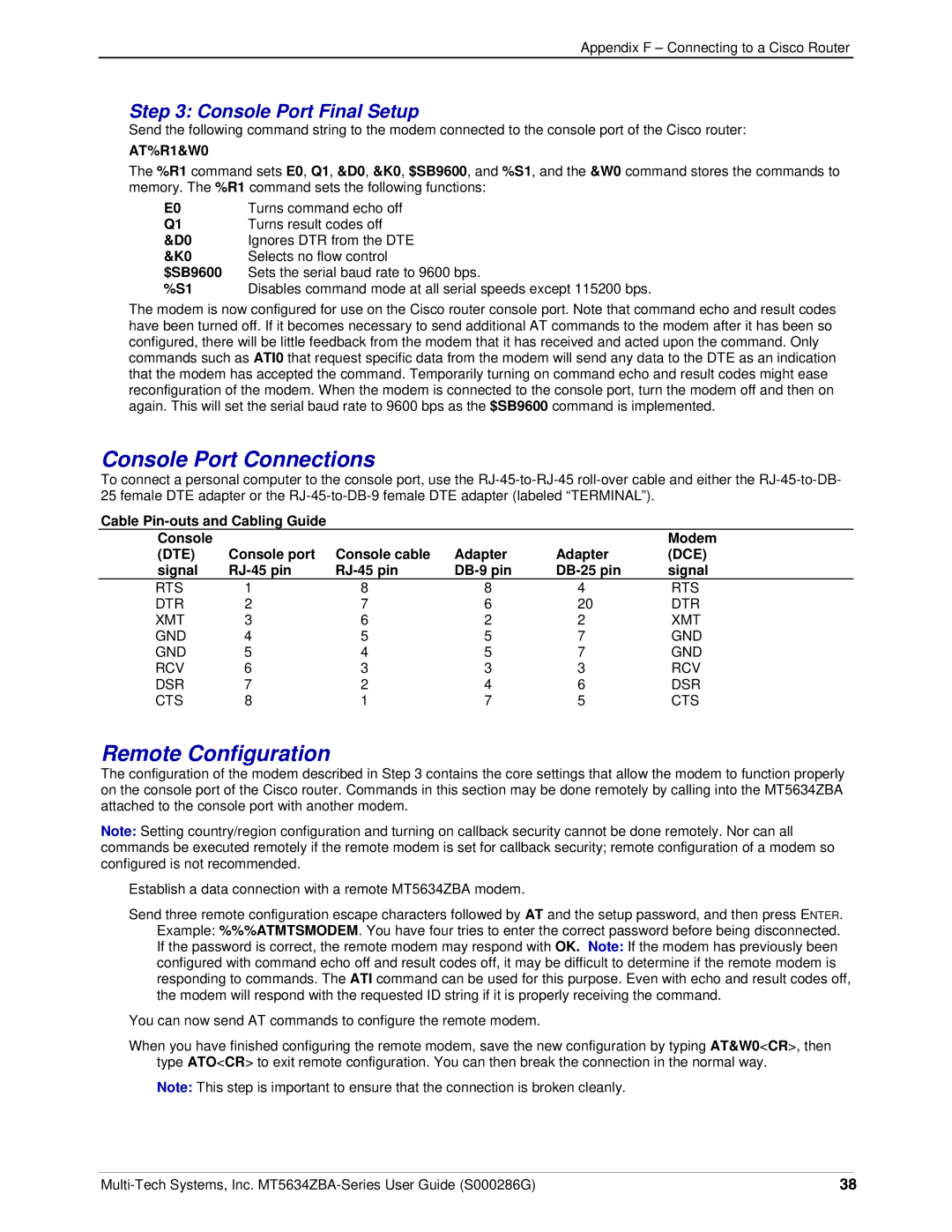 Multi-Tech Systems MT5634ZBA-V-V92 manual Console Port Connections, Remote Configuration 