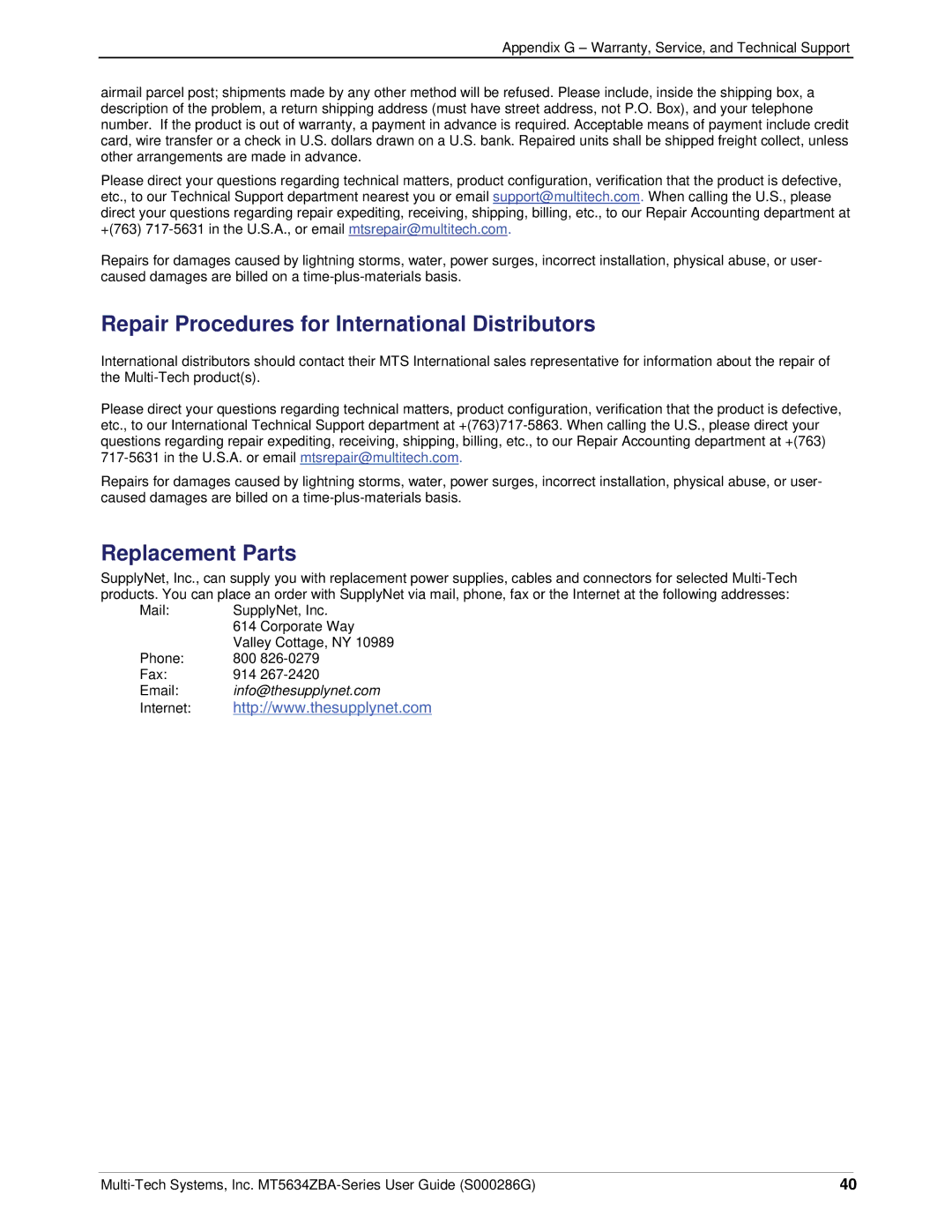 Multi-Tech Systems MT5634ZBA-V-V92 manual Repair Procedures for International Distributors 