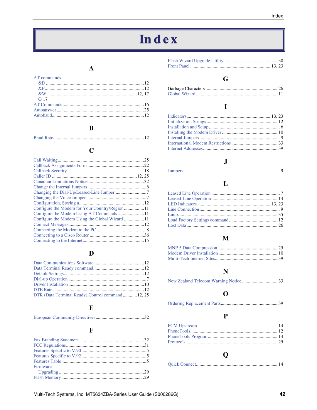 Multi-Tech Systems MT5634ZBA-V-V92 manual Index, AT commands 