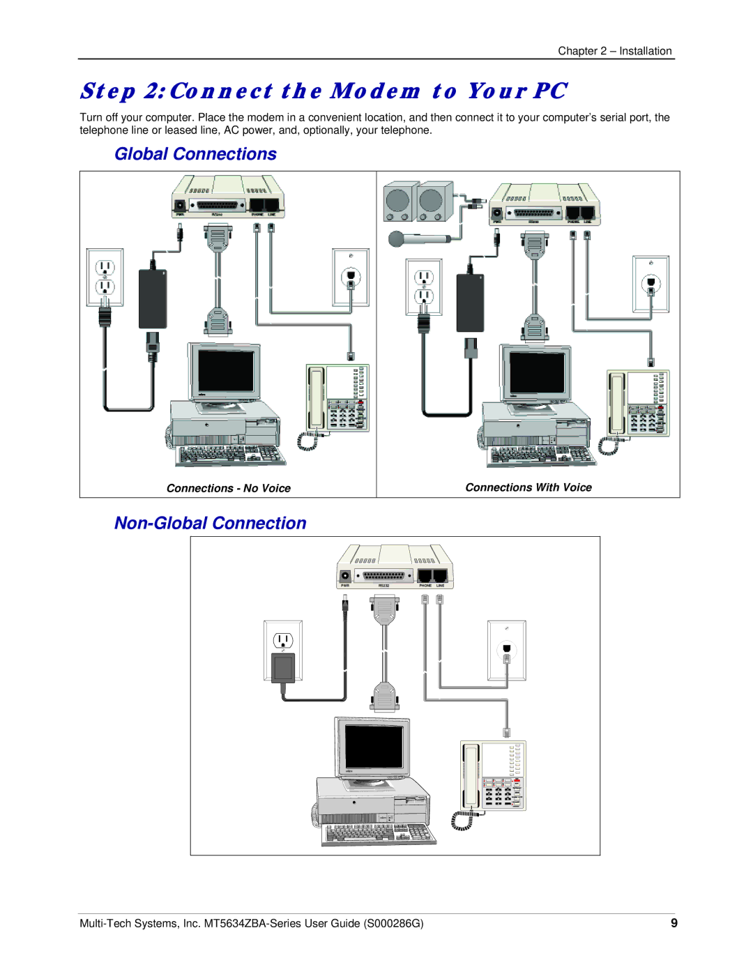 Multi-Tech Systems MT5634ZBA-V-V92 manual Connect the Modem to Your PC, Global Connections, Non-Global Connection 