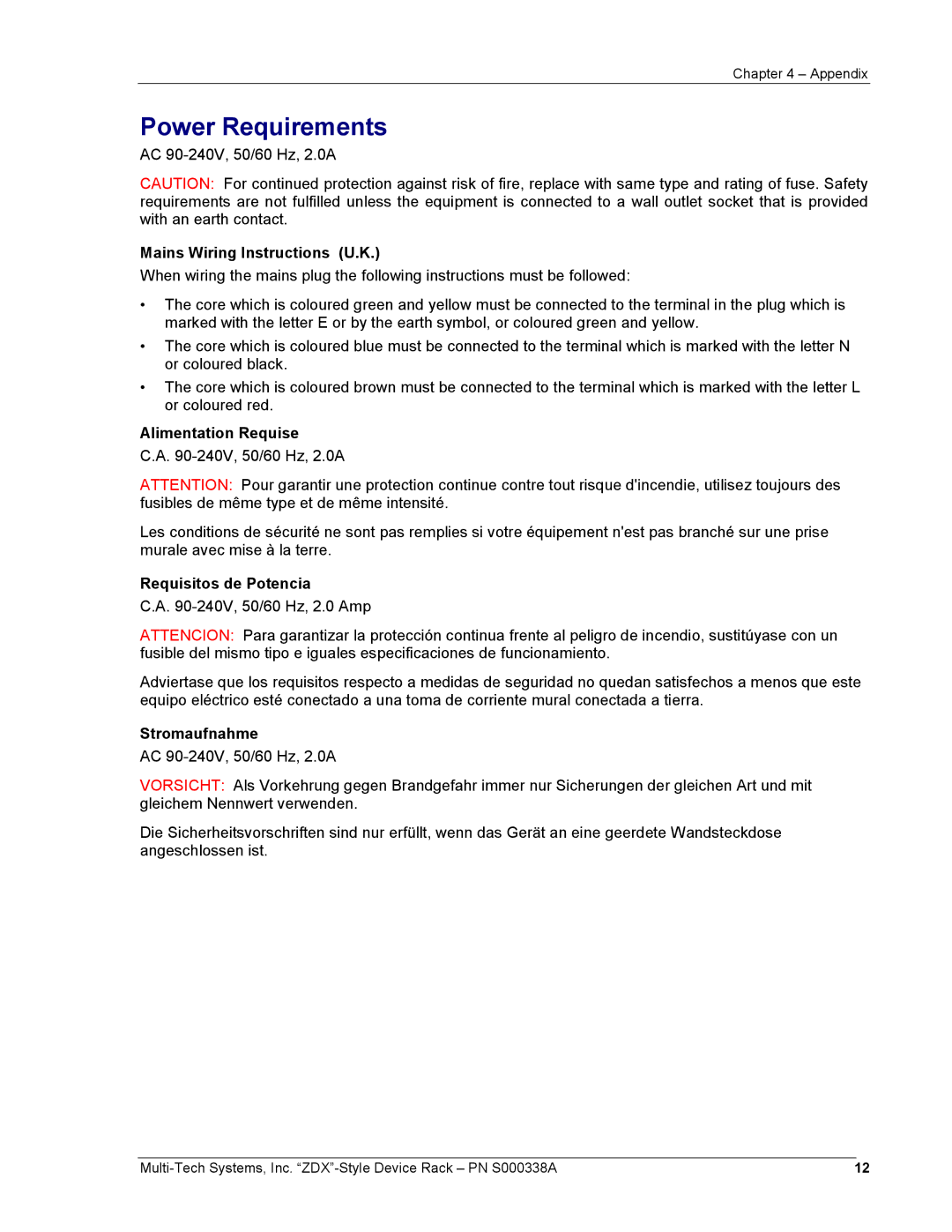 Multi-Tech Systems ZDX Series manual Power Requirements, Mains Wiring Instructions U.K 