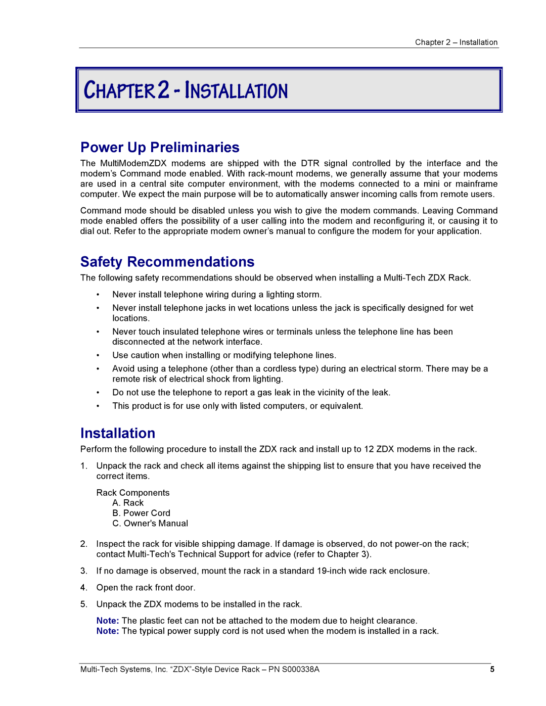 Multi-Tech Systems ZDX Series manual Power Up Preliminaries, Safety Recommendations, Installation 