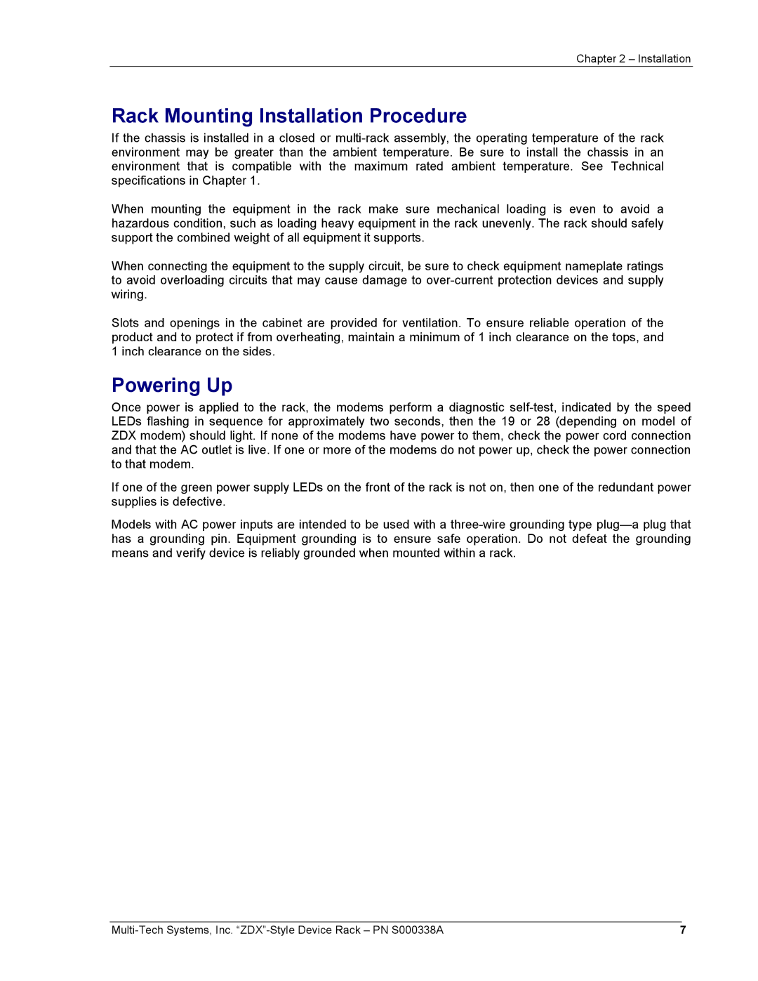 Multi-Tech Systems ZDX Series manual Rack Mounting Installation Procedure, Powering Up 