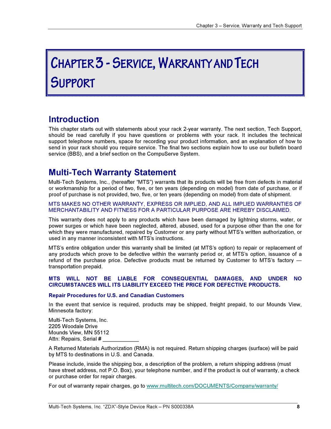 Multi-Tech Systems ZDX Series manual Introduction, Multi-Tech Warranty Statement 