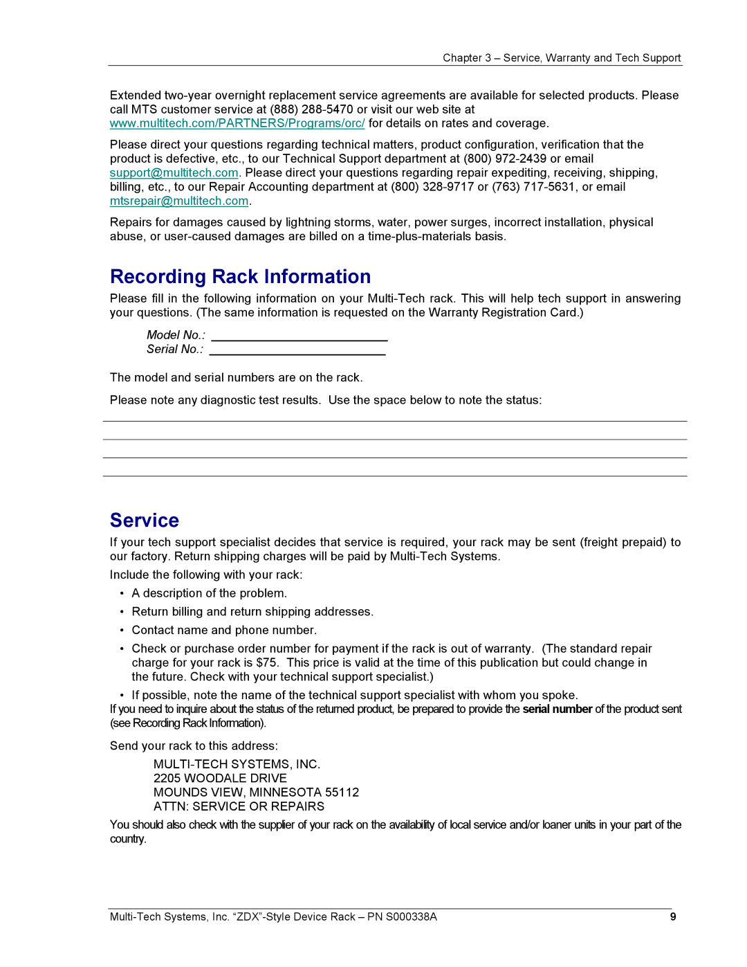 Multi-Tech Systems ZDX Series manual Recording Rack Information, Service 