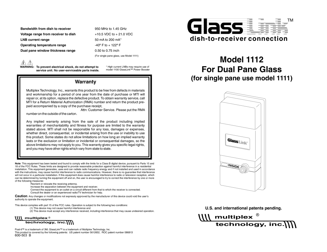 Multiplex Technology 1112 warranty Glass TM, Multiplex technology, inc, Warranty 