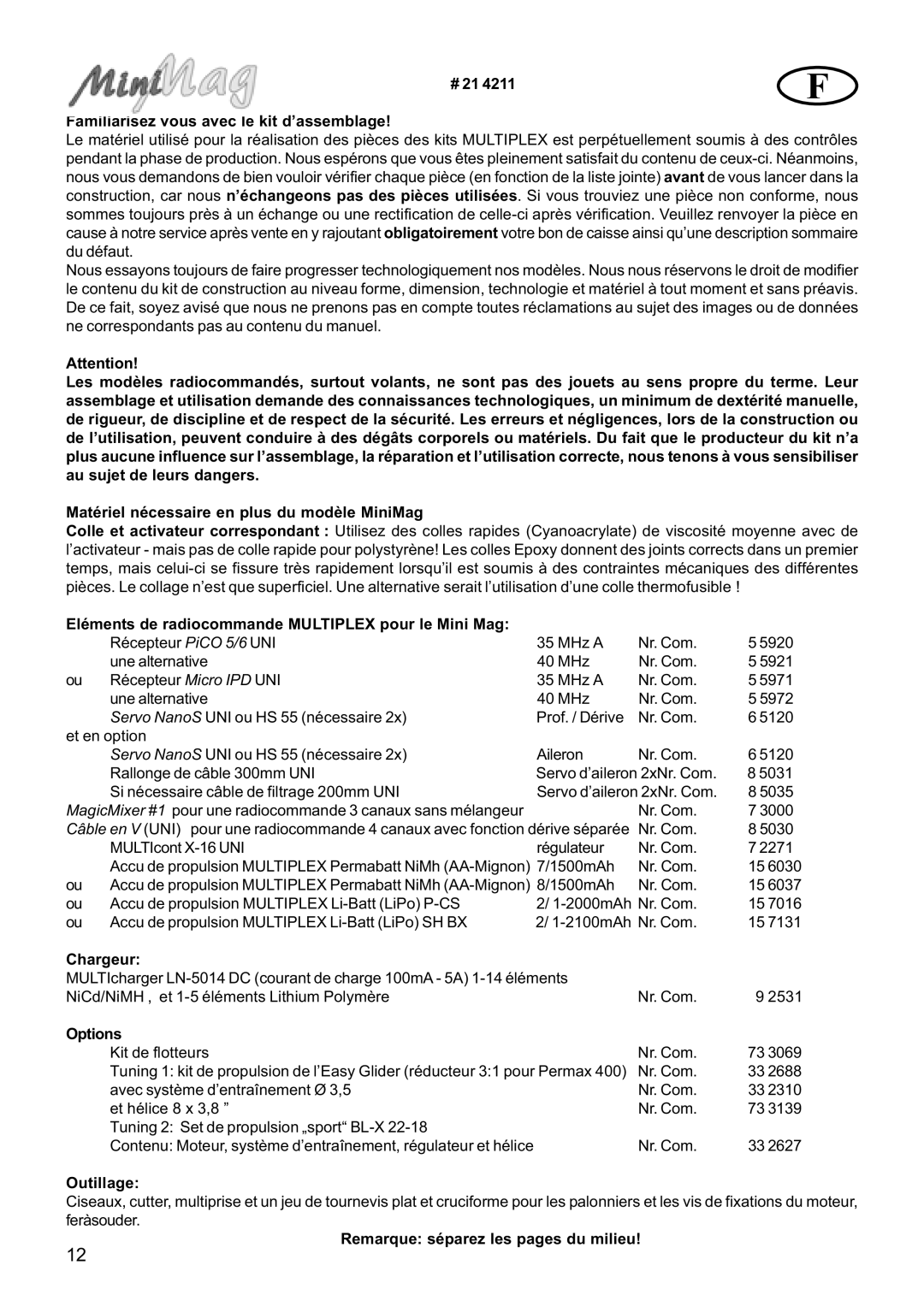 Multiplex Technology 21 4211 manual Familiarisez vous avec le kit d’assemblage, Chargeur, Options, Outillage 