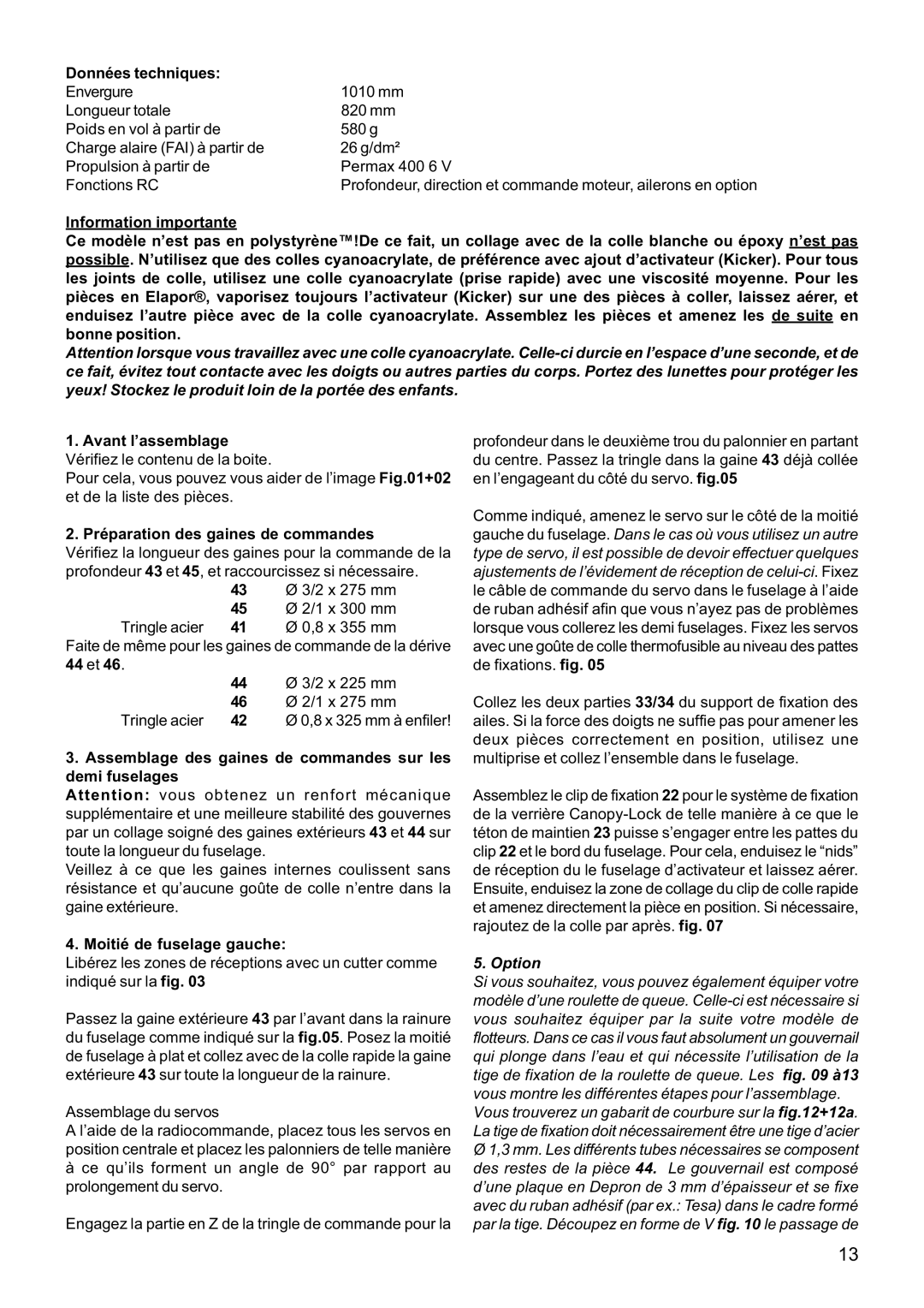 Multiplex Technology 21 4211 manual Données techniques, Préparation des gaines de commandes, Moitié de fuselage gauche 