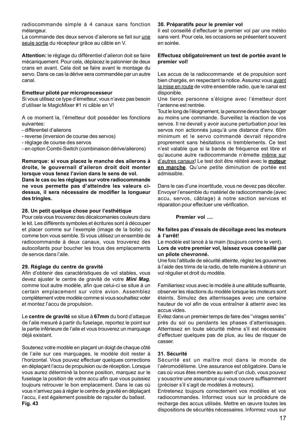 Multiplex Technology 21 4211 manual Emetteur piloté par microprocesseur, 29. Réglage du centre de gravité, 31. Sécurité 