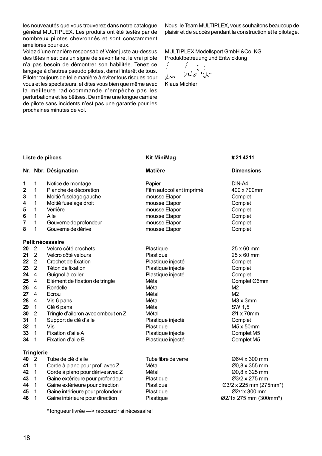 Multiplex Technology 21 4211 manual Petit nécessaire, Tringlerie 