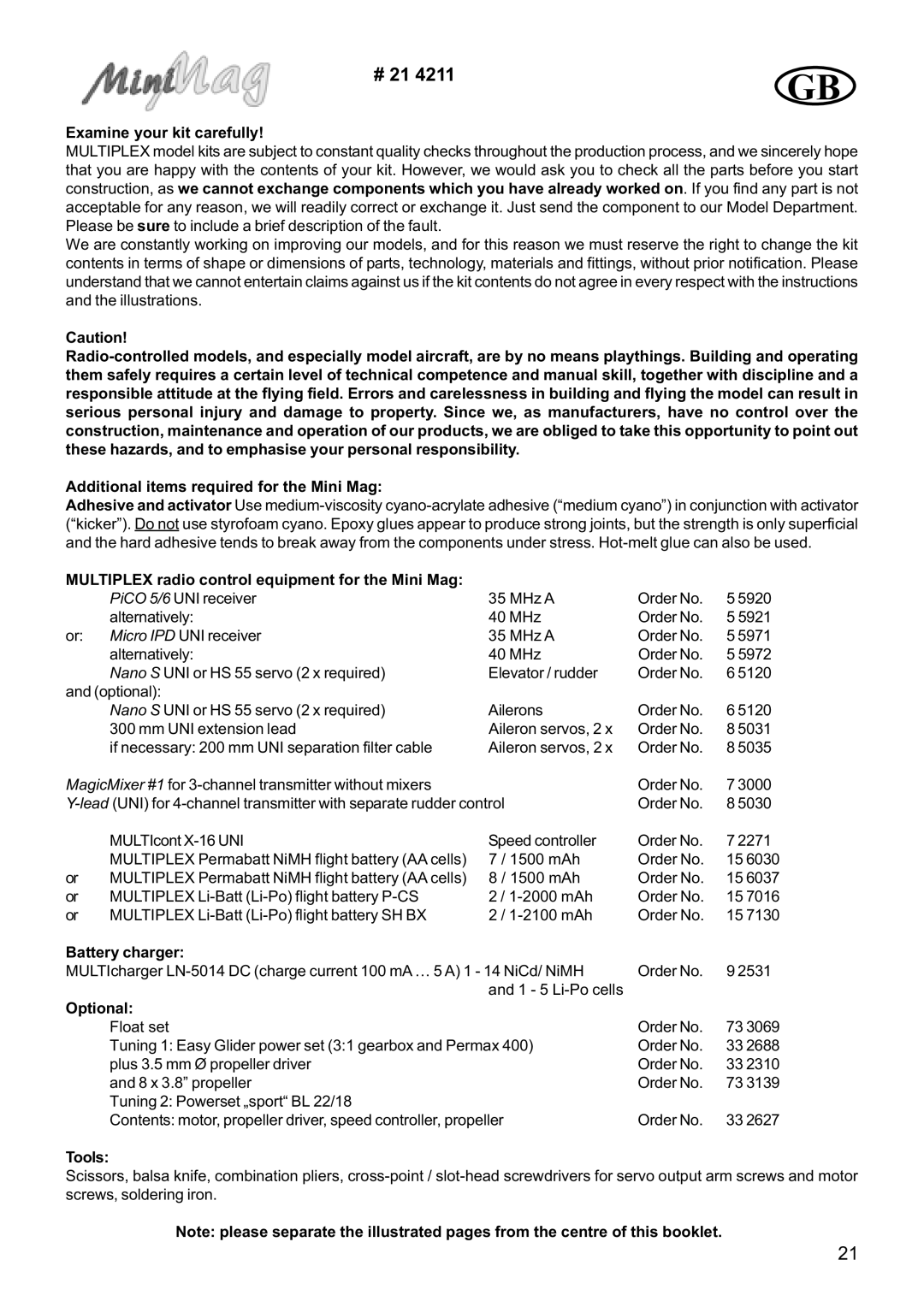 Multiplex Technology 21 4211 manual Examine your kit carefully, Tools 