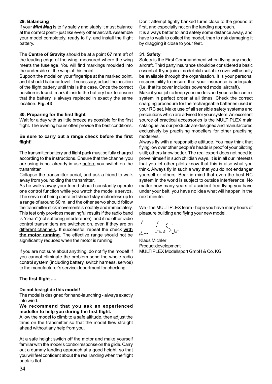 Multiplex Technology 21 4211 Balancing, Preparing for the first flight, First flight Do not test-glide this model, Safety 