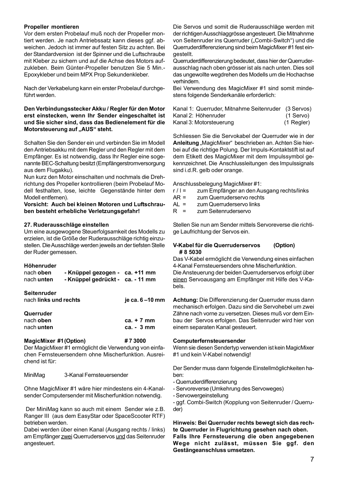 Multiplex Technology 21 4211 manual Propeller montieren, Kabel für die Querruderservos Option # 8, Computerfernsteuersender 